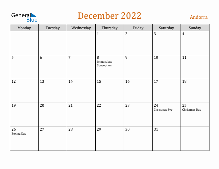 December 2022 Holiday Calendar with Monday Start