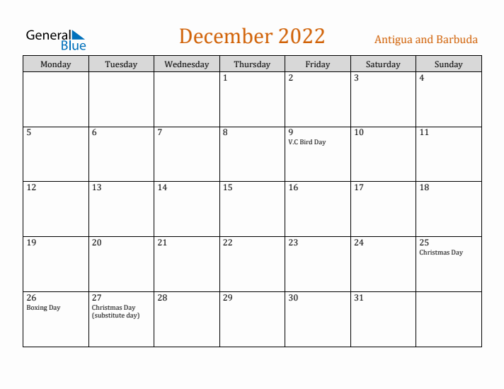 December 2022 Holiday Calendar with Monday Start