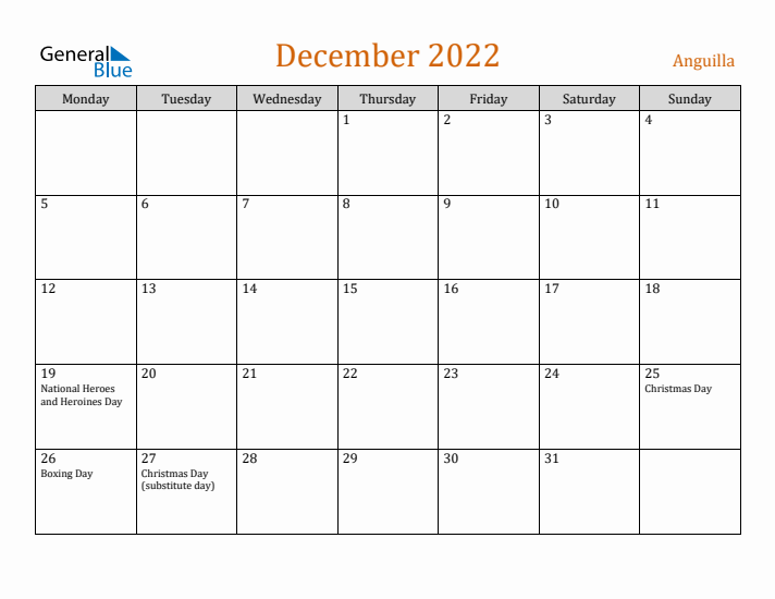 December 2022 Holiday Calendar with Monday Start