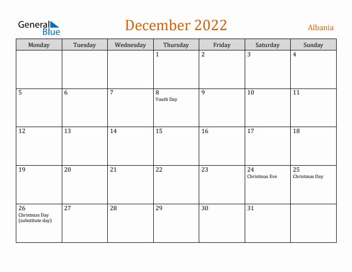 December 2022 Holiday Calendar with Monday Start