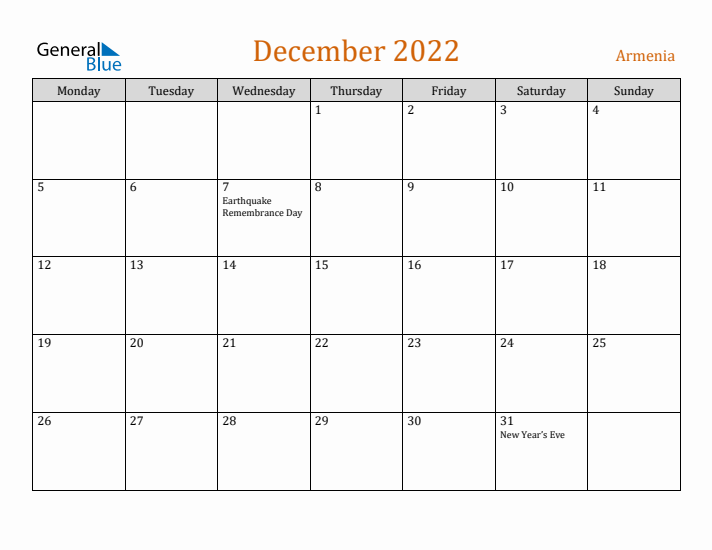 December 2022 Holiday Calendar with Monday Start