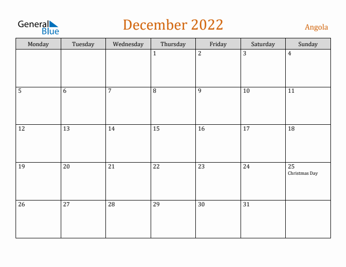 December 2022 Holiday Calendar with Monday Start