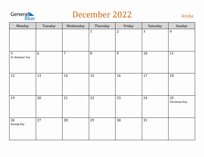 December 2022 Holiday Calendar with Monday Start