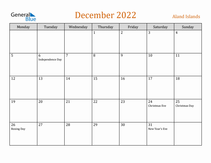 December 2022 Holiday Calendar with Monday Start