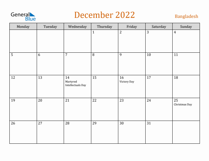 December 2022 Holiday Calendar with Monday Start