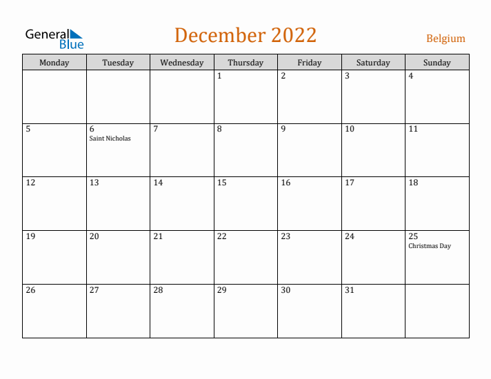 December 2022 Holiday Calendar with Monday Start