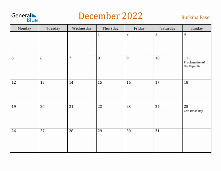 December 2022 Holiday Calendar with Monday Start