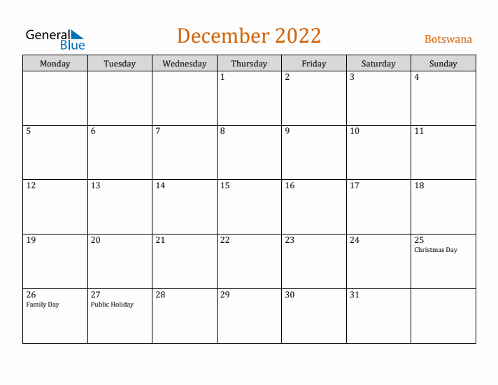 December 2022 Holiday Calendar with Monday Start