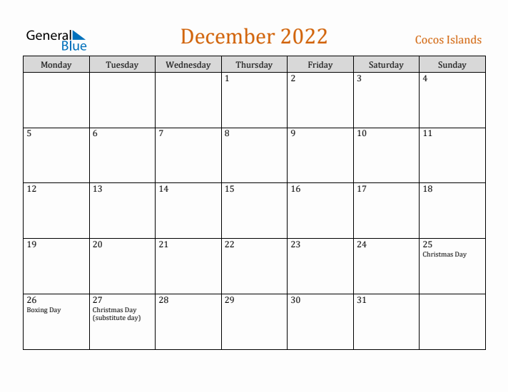 December 2022 Holiday Calendar with Monday Start