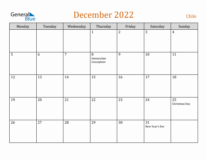 December 2022 Holiday Calendar with Monday Start