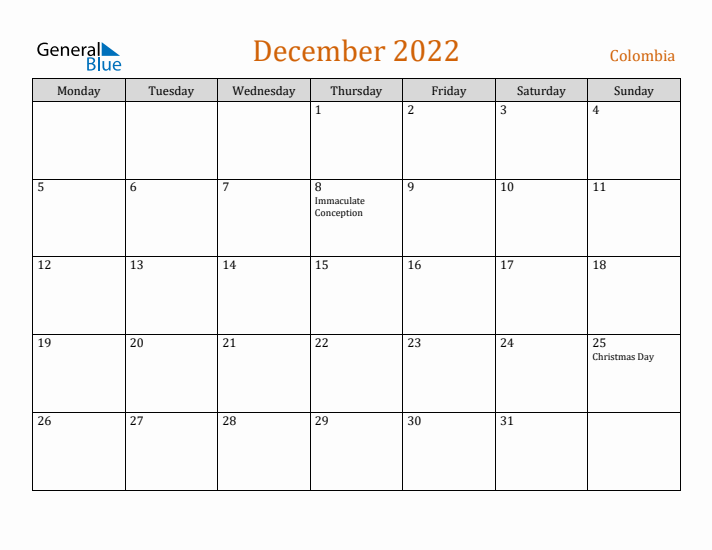 December 2022 Holiday Calendar with Monday Start