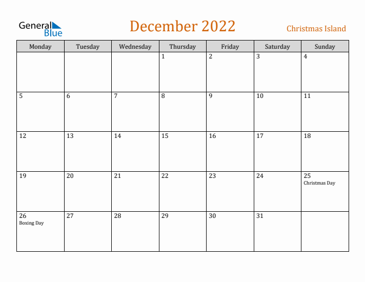 December 2022 Holiday Calendar with Monday Start