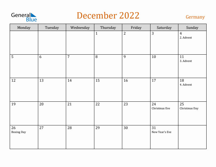 December 2022 Holiday Calendar with Monday Start