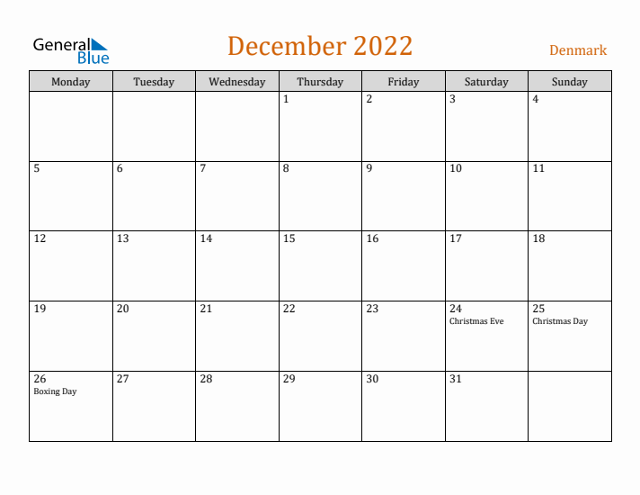 December 2022 Holiday Calendar with Monday Start