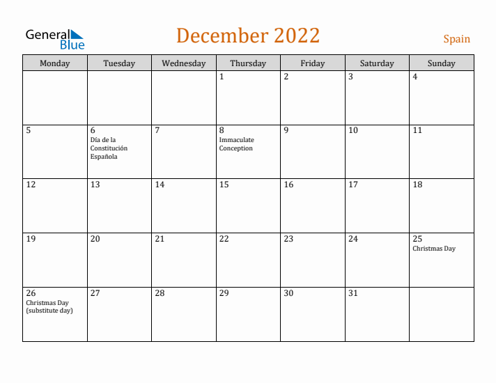 December 2022 Holiday Calendar with Monday Start