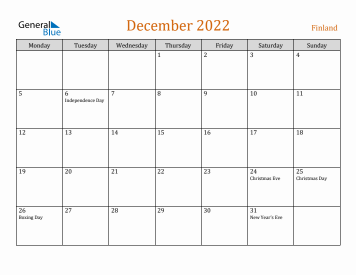 December 2022 Holiday Calendar with Monday Start