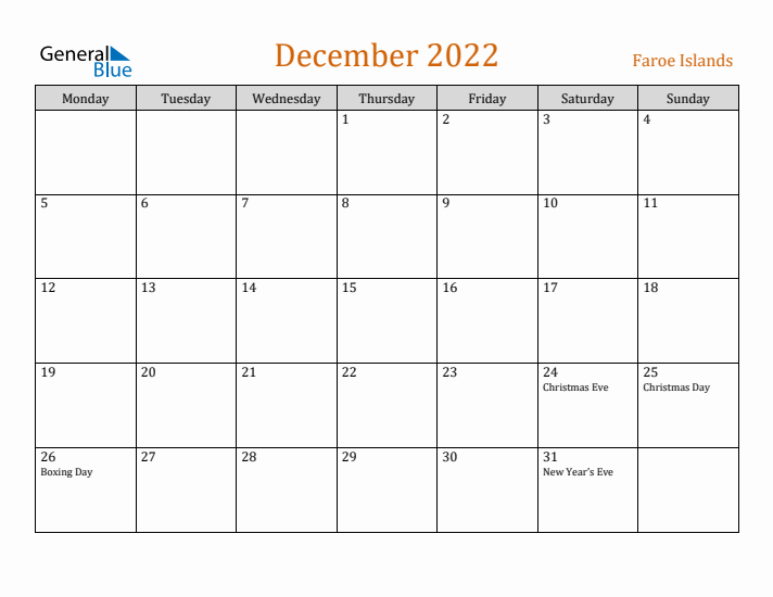 December 2022 Holiday Calendar with Monday Start