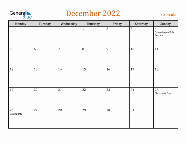 December 2022 Holiday Calendar with Monday Start