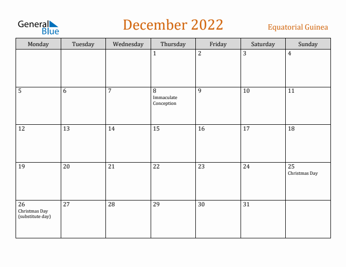 December 2022 Holiday Calendar with Monday Start