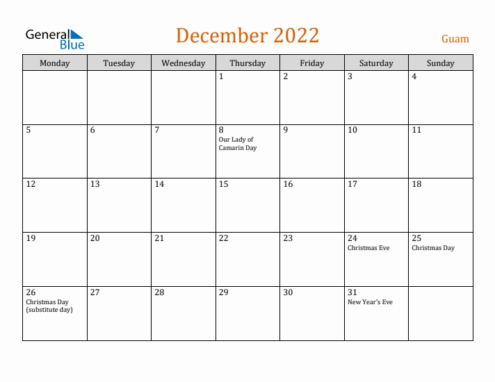 December 2022 Holiday Calendar with Monday Start