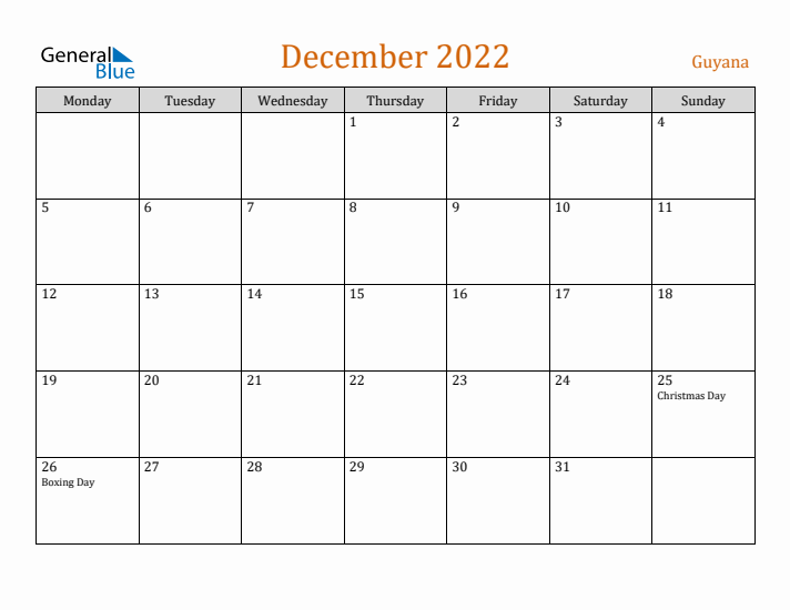 December 2022 Holiday Calendar with Monday Start