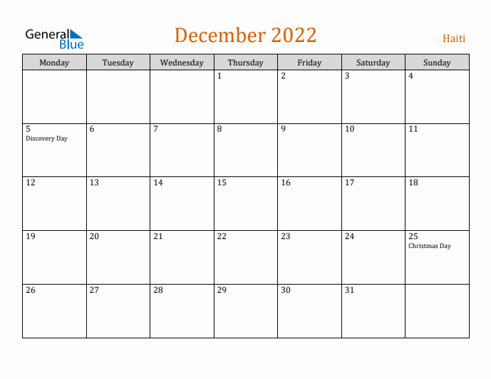 December 2022 Holiday Calendar with Monday Start