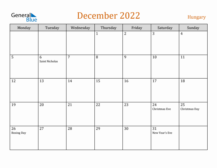 December 2022 Holiday Calendar with Monday Start