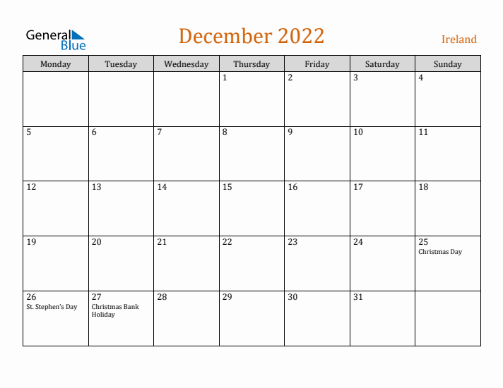 December 2022 Holiday Calendar with Monday Start