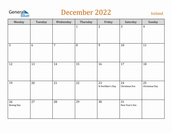 December 2022 Holiday Calendar with Monday Start