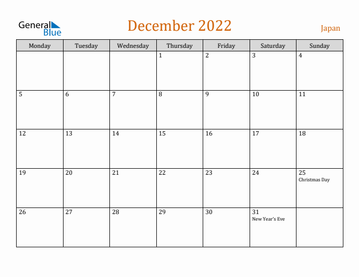 December 2022 Holiday Calendar with Monday Start