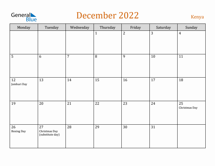 December 2022 Holiday Calendar with Monday Start