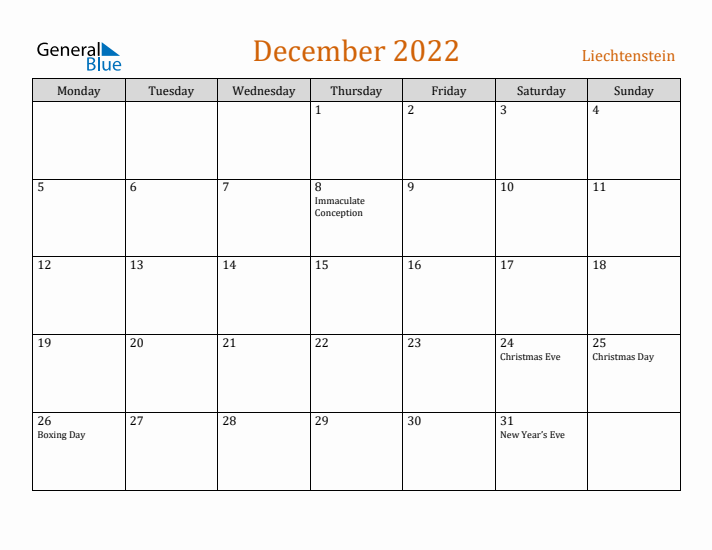 December 2022 Holiday Calendar with Monday Start