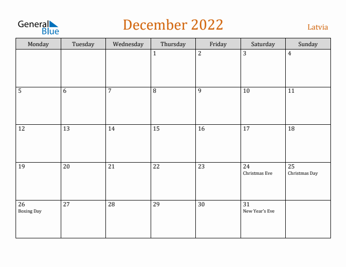 December 2022 Holiday Calendar with Monday Start