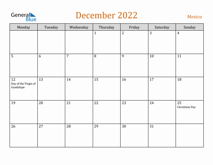 December 2022 Holiday Calendar with Monday Start