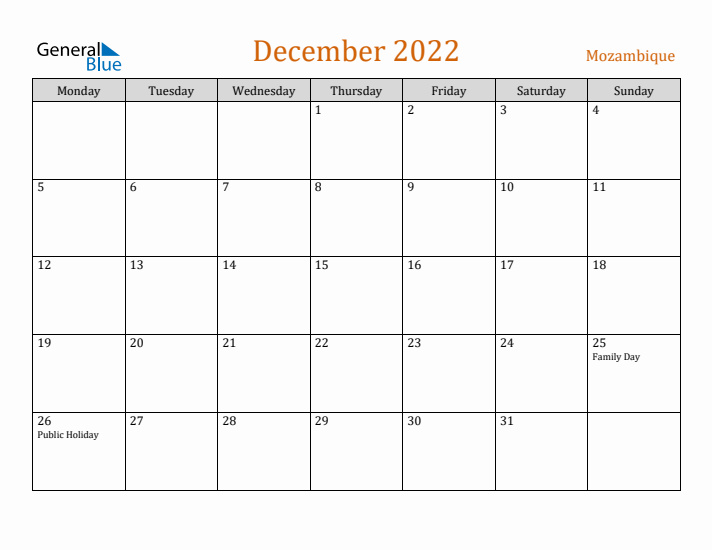 December 2022 Holiday Calendar with Monday Start