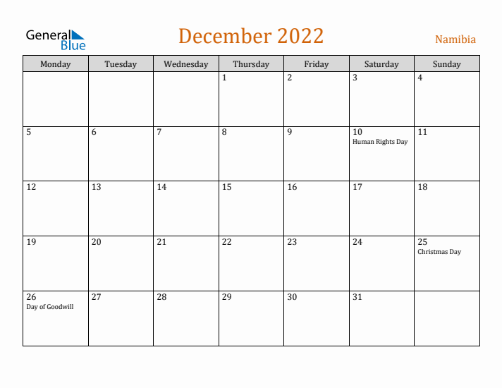 December 2022 Holiday Calendar with Monday Start