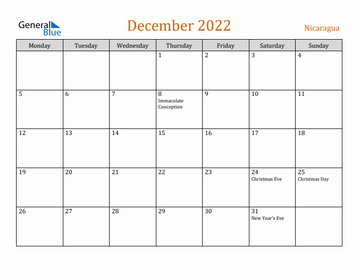 December 2022 Holiday Calendar with Monday Start