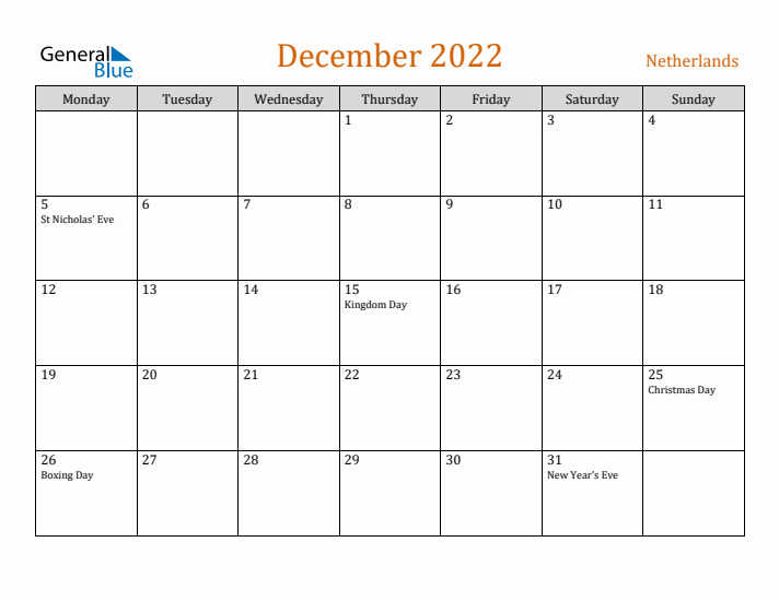 December 2022 Holiday Calendar with Monday Start