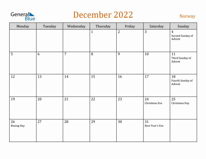 December 2022 Holiday Calendar with Monday Start