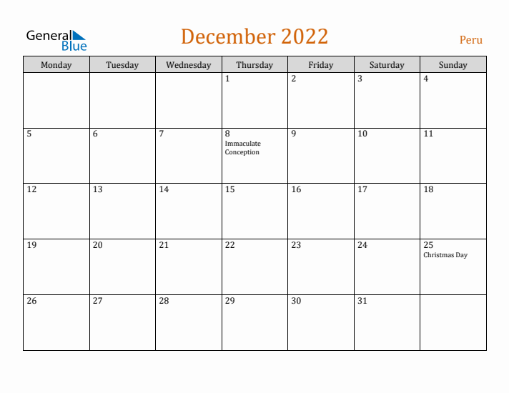 December 2022 Holiday Calendar with Monday Start