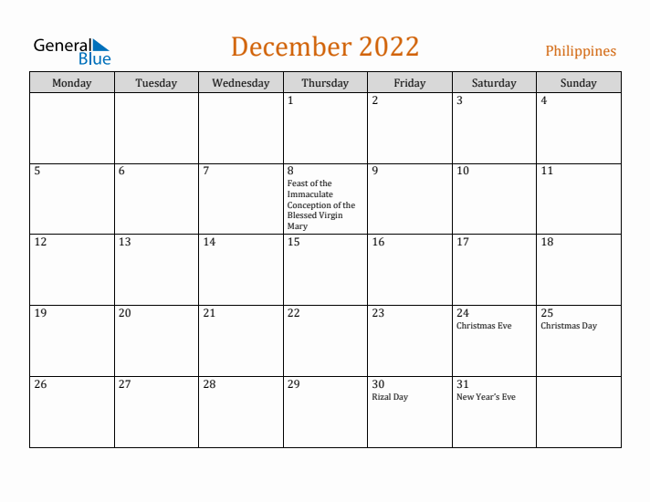 December 2022 Holiday Calendar with Monday Start