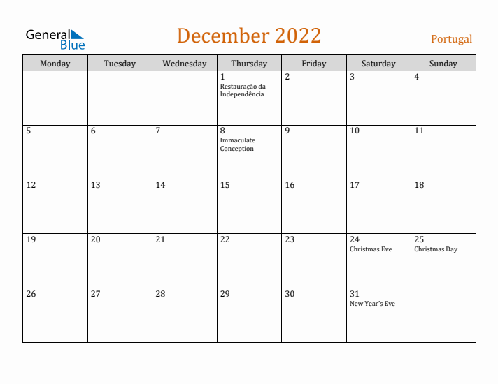 December 2022 Holiday Calendar with Monday Start