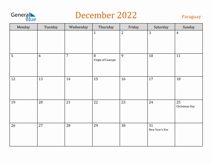 December 2022 Holiday Calendar with Monday Start