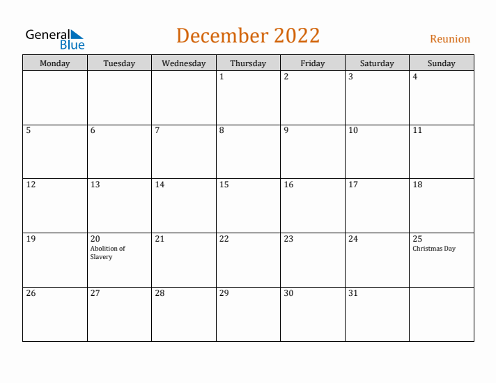 December 2022 Holiday Calendar with Monday Start