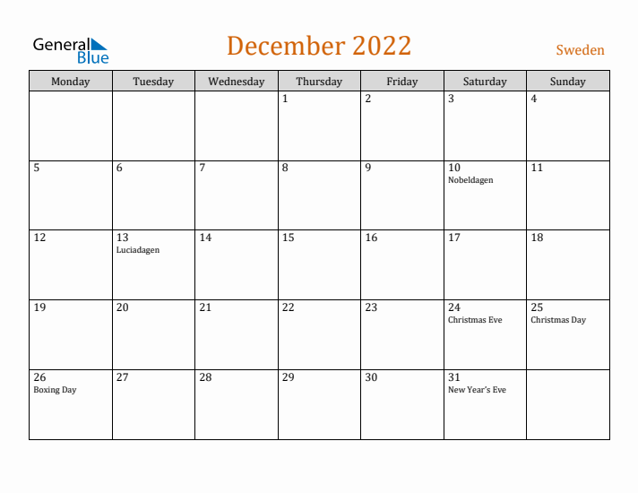 December 2022 Holiday Calendar with Monday Start