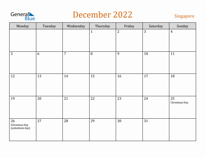 December 2022 Holiday Calendar with Monday Start