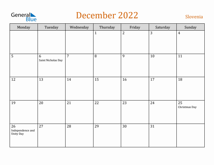 December 2022 Holiday Calendar with Monday Start