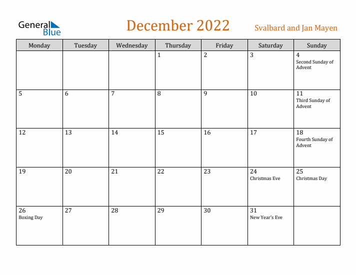 December 2022 Holiday Calendar with Monday Start