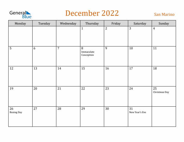 December 2022 Holiday Calendar with Monday Start