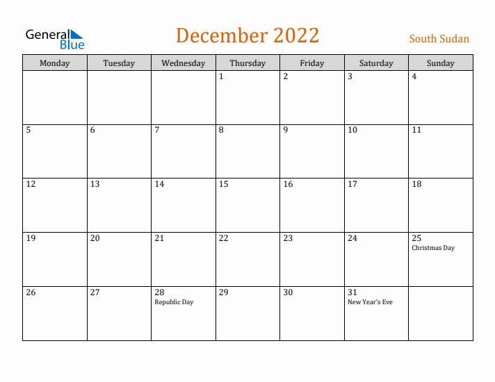 December 2022 Holiday Calendar with Monday Start